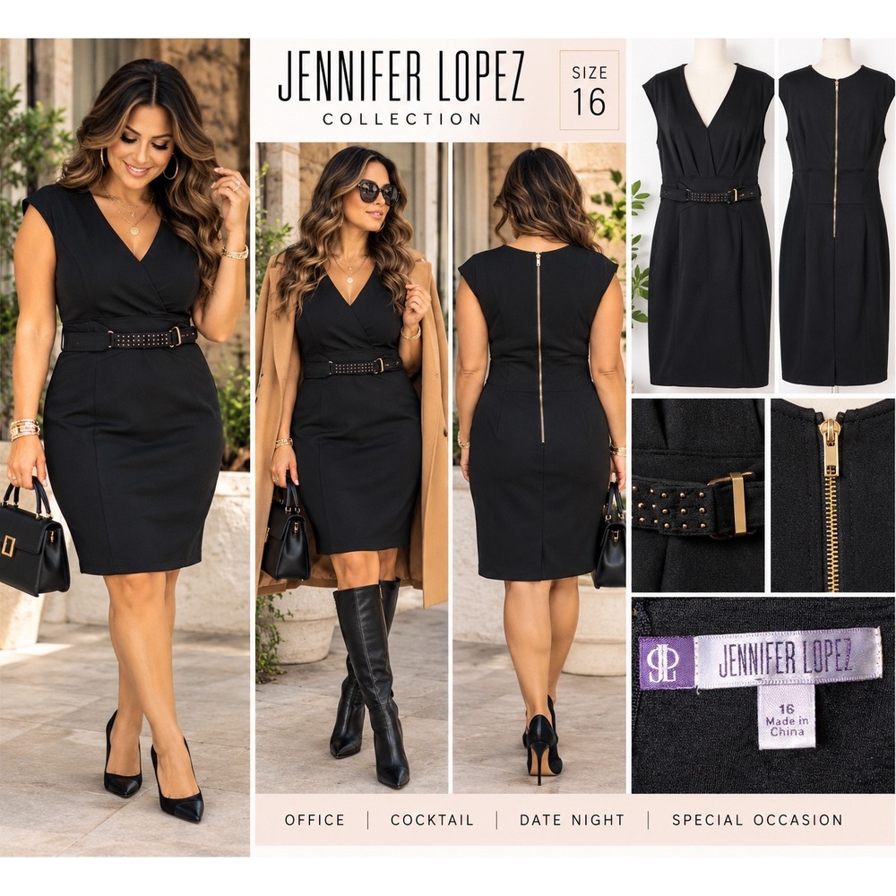 Jennifer Lopez Black Sheath Dress Studded Belt Gold Zipper Size 16 Office Party